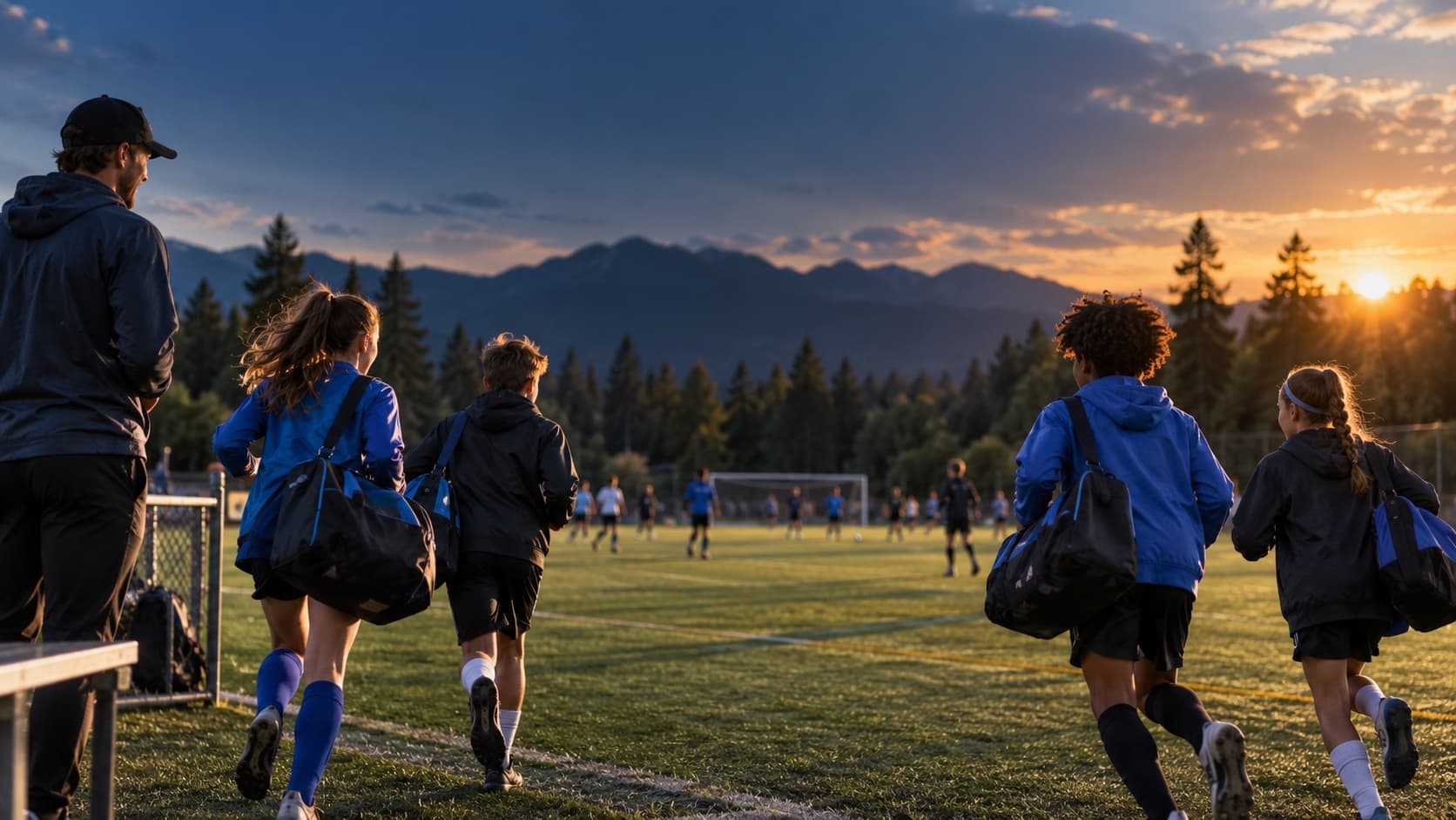 Young athletes run from the sideline toward a community soccer game at sunset.