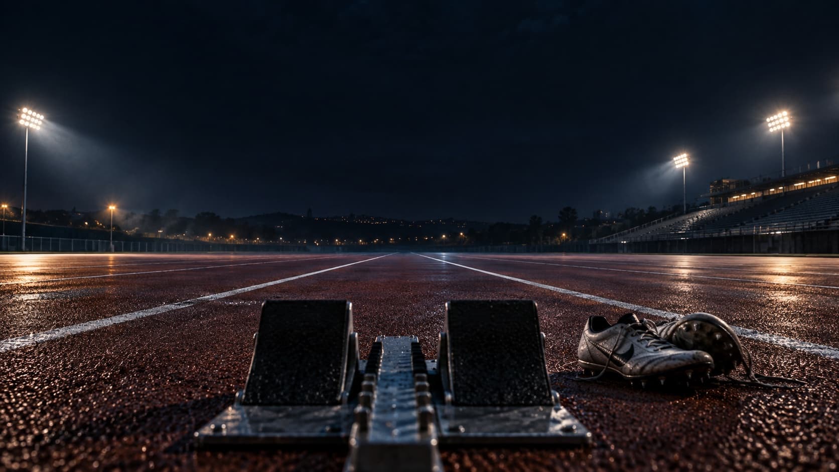 Starting blocks and track shoes sit on an empty running track beneath stadium lights.