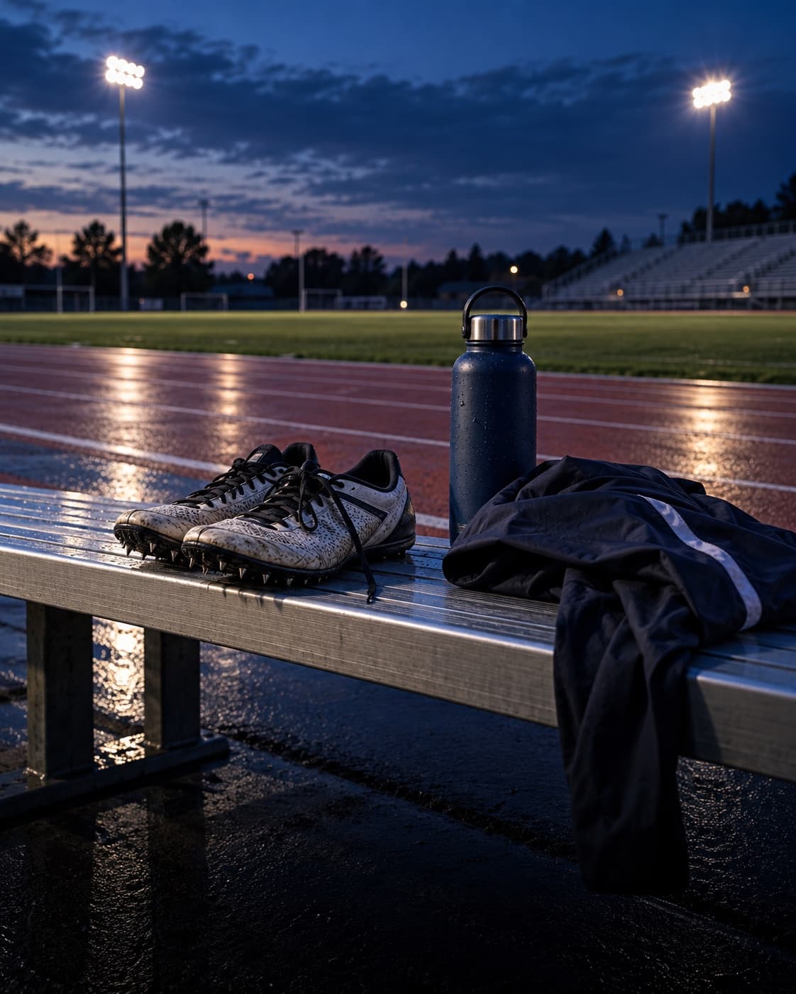 Track shoes and training gear rest on a bench beside an empty stadium track.
