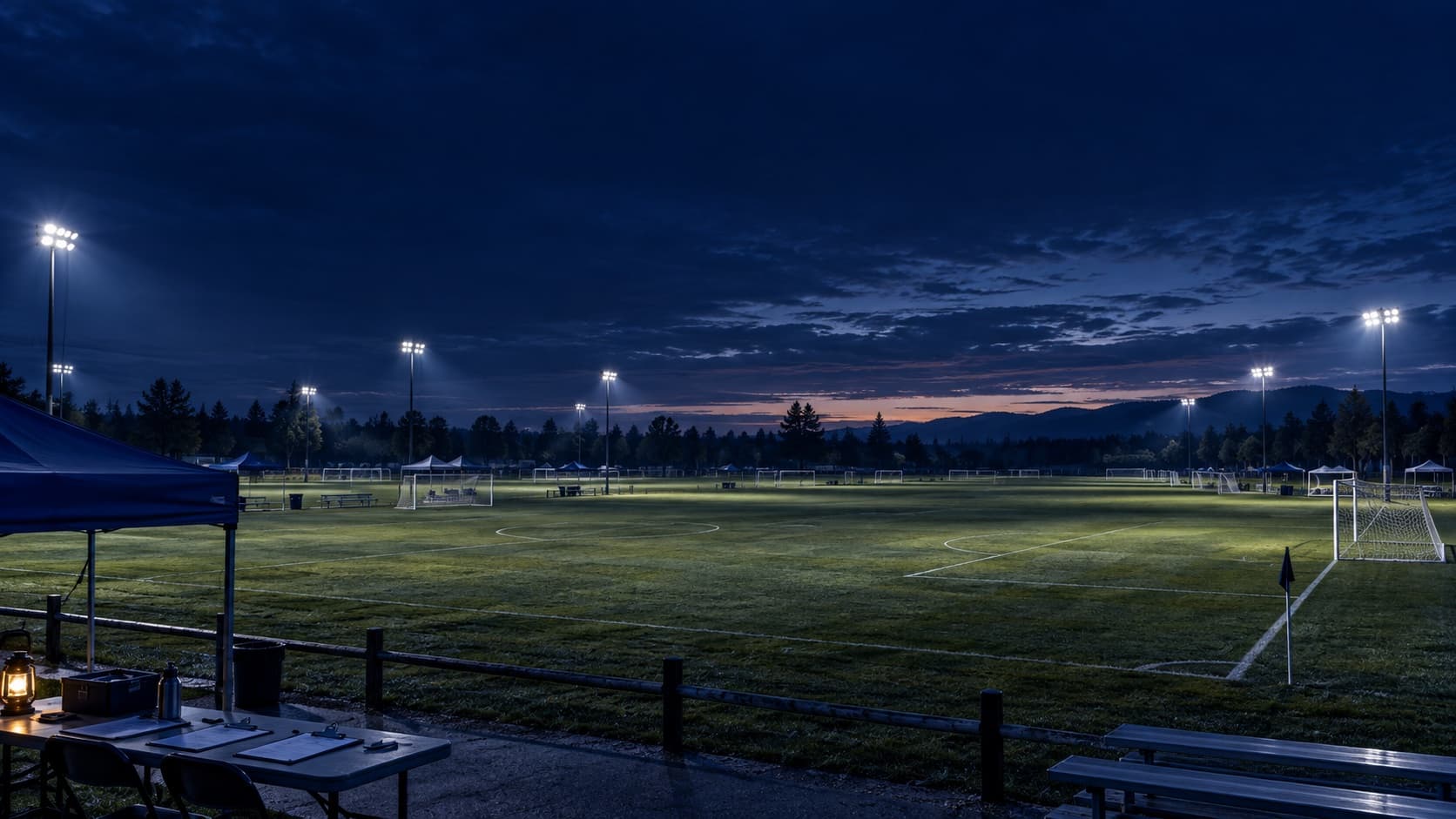Floodlit soccer fields and check-in tables wait for a tournament to begin at dusk.