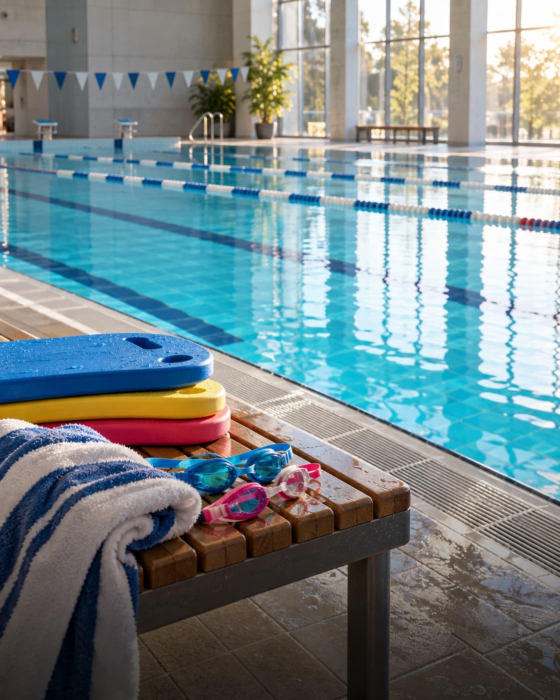 Goggles, towels, and kickboards wait beside an empty community swimming pool.
