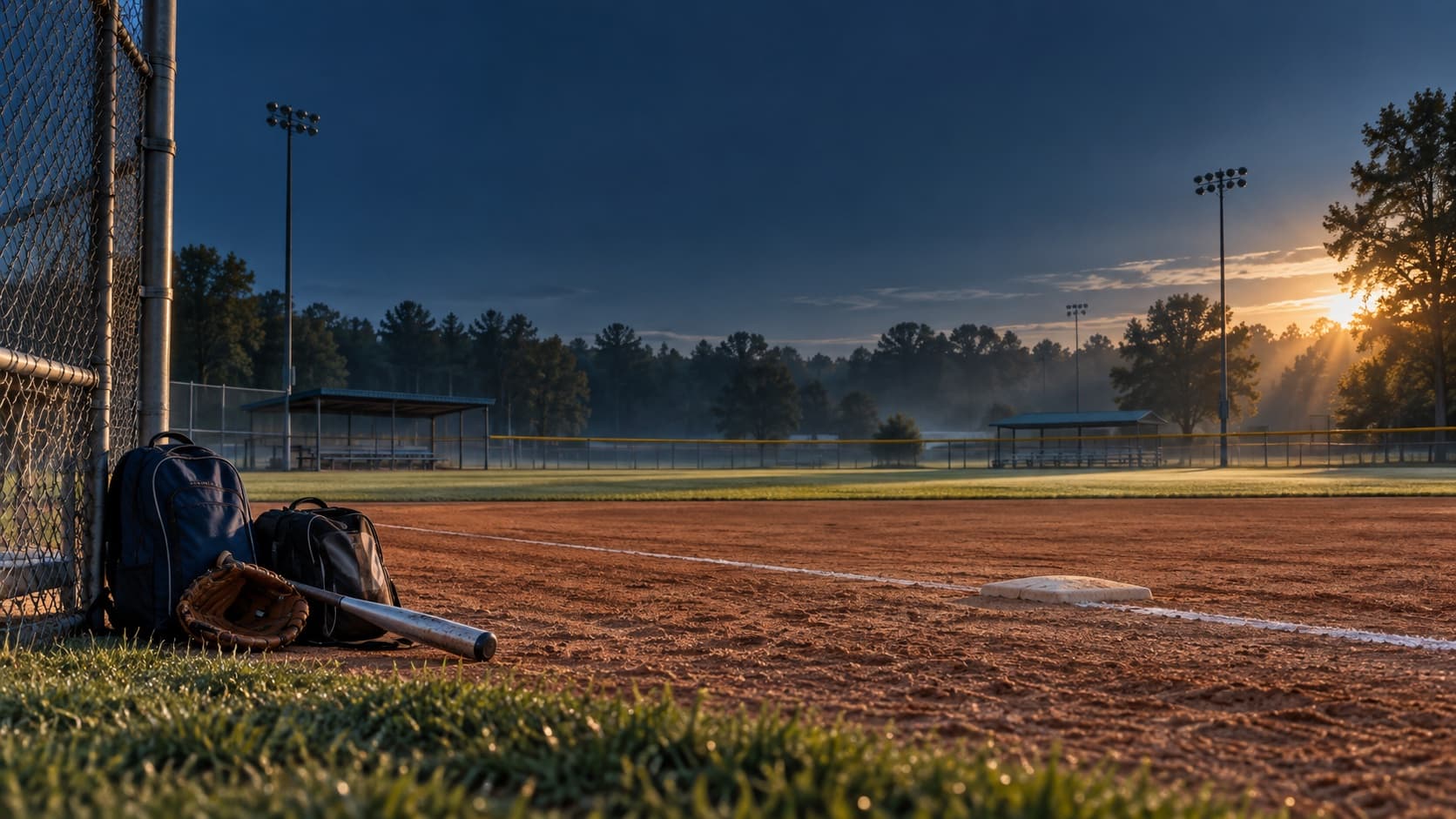 Youth softball equipment rests beside an empty community field at sunrise.
