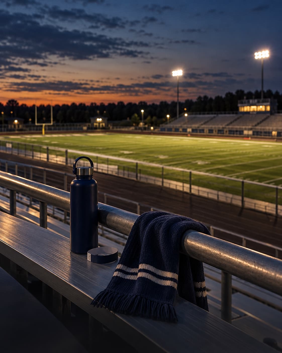 A team scarf and water bottle rest in the stands above a lit football field.