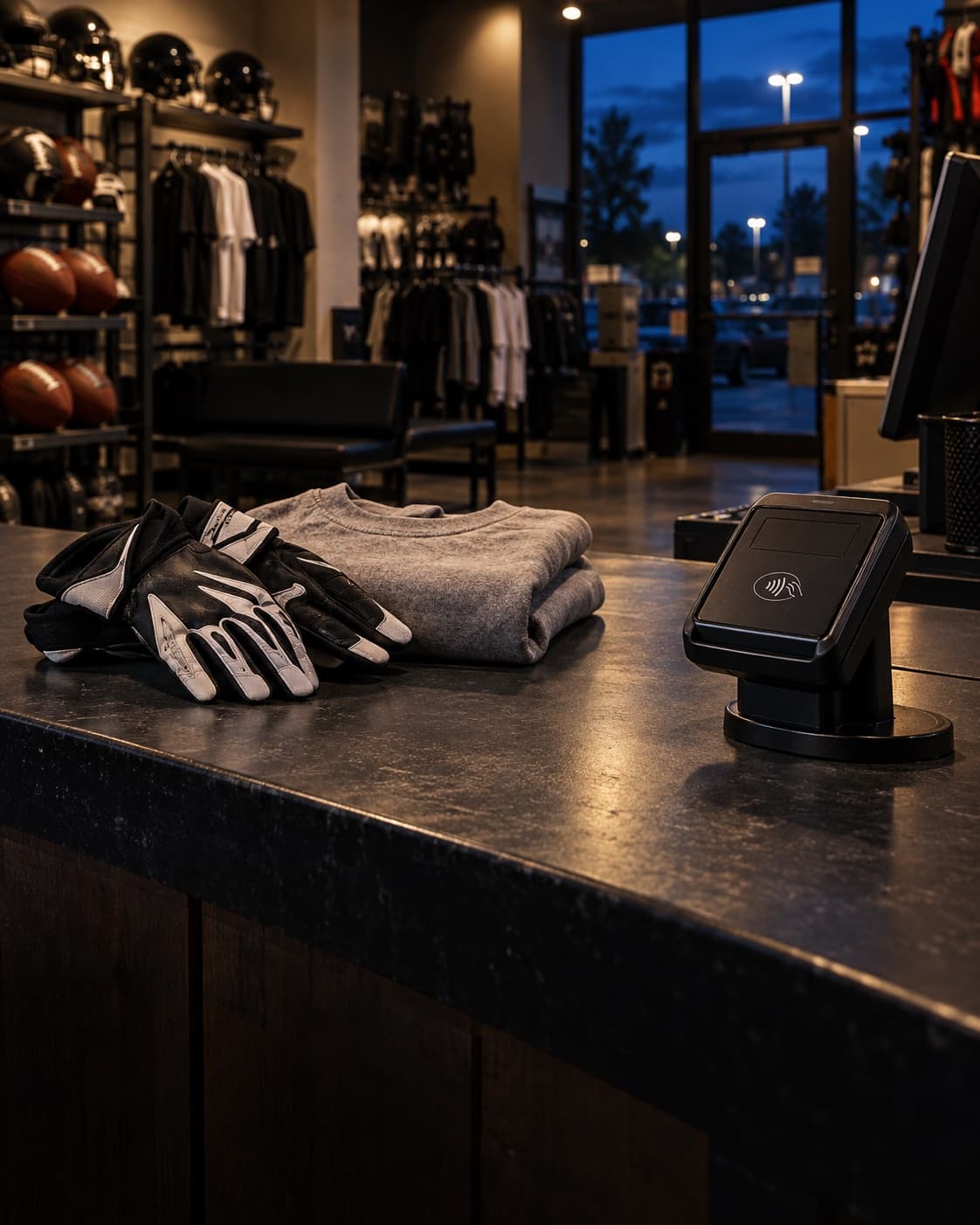 Football gloves and apparel sit beside a contactless reader at a sporting goods checkout.