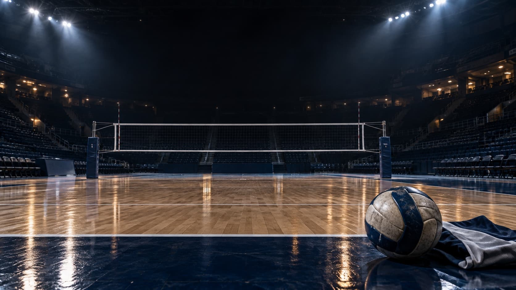 A volleyball and jersey rest beside an empty arena court under the lights.