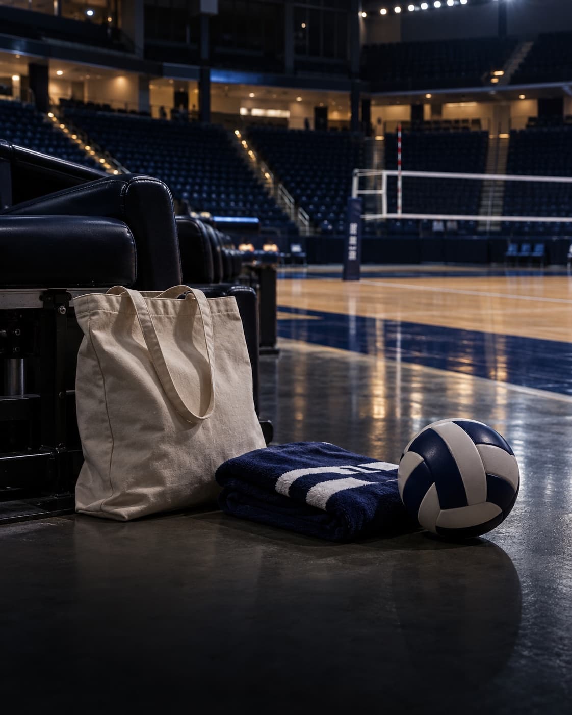 A merchandise tote, towel, and volleyball sit courtside in an empty arena.