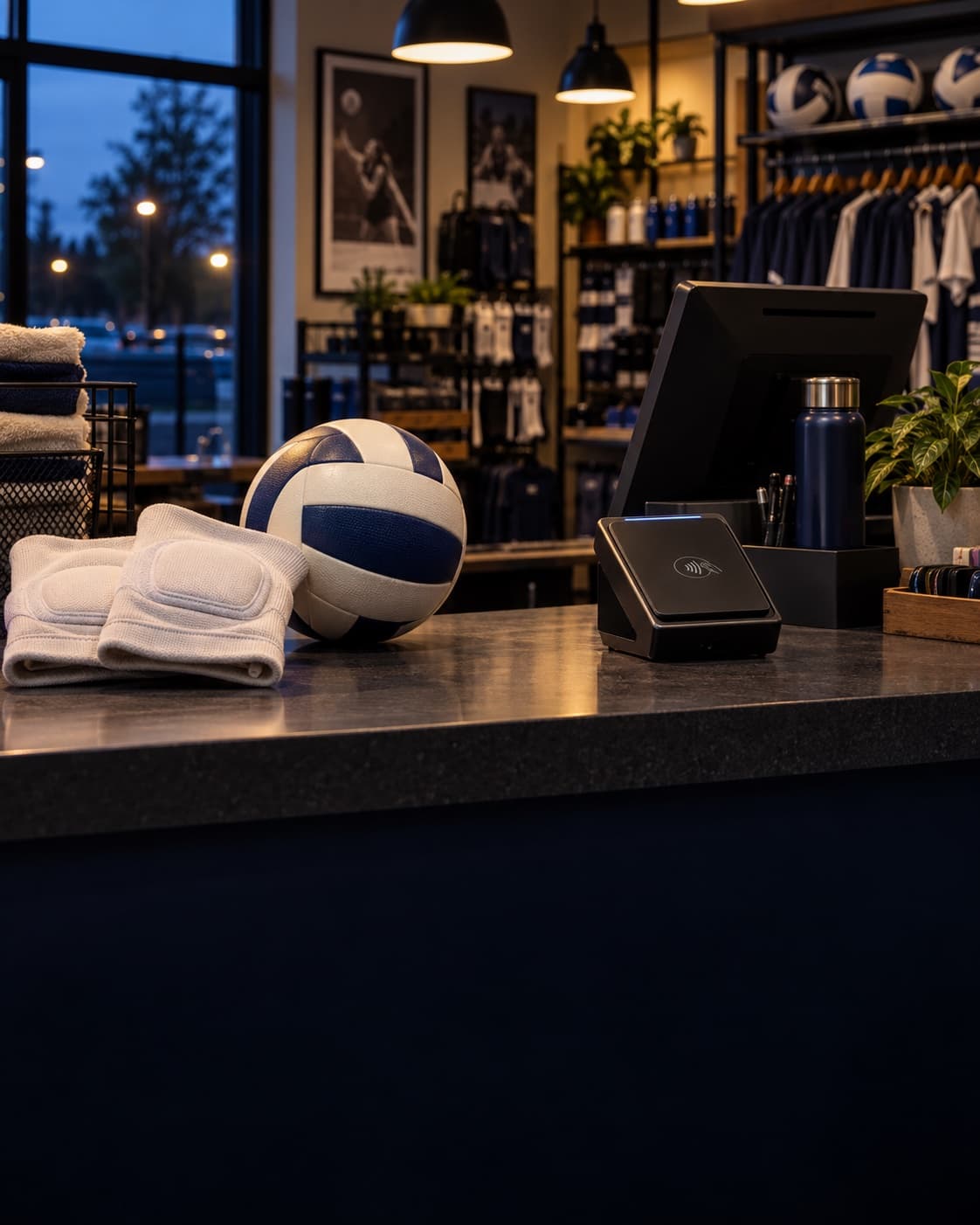 Volleyball gear sits beside a contactless payment reader at a sporting goods checkout.