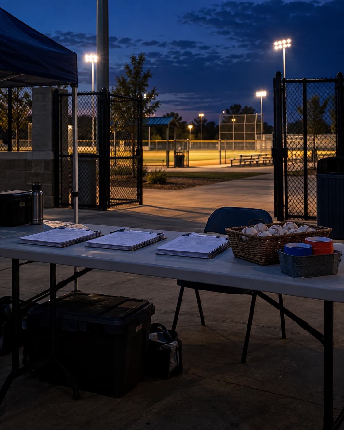 Registration materials wait at a youth baseball tournament check-in table.