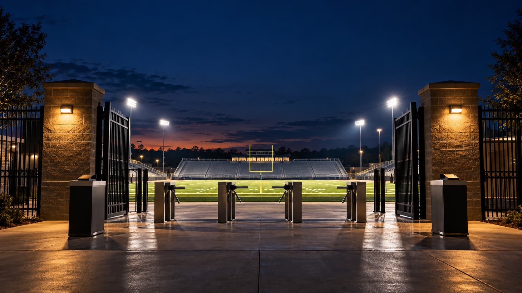 Open stadium gates and check-in turnstiles lead to a lit football field at dusk.