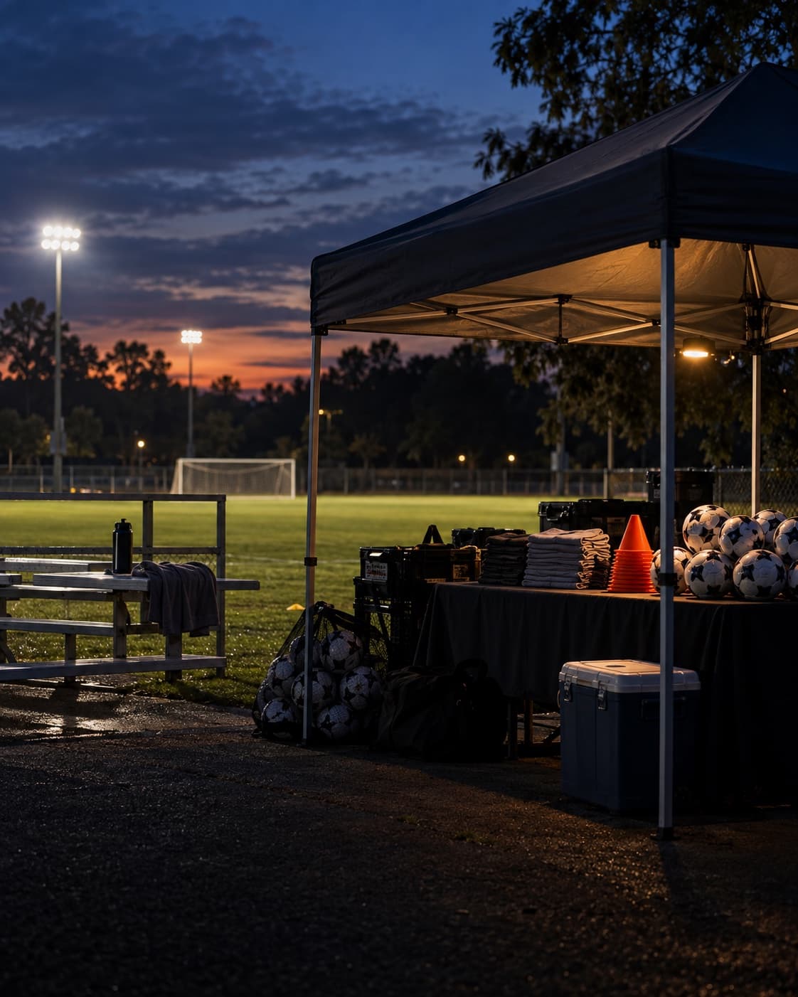 A sponsor activation tent and soccer equipment stand beside a floodlit field.