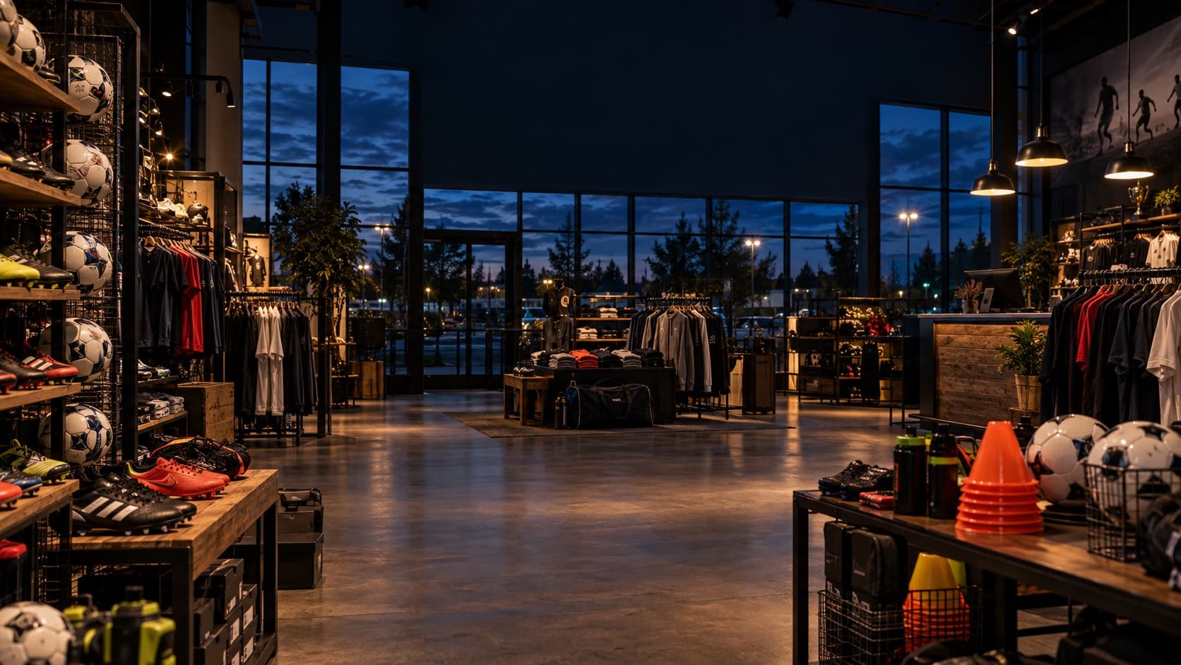 Soccer equipment fills a local sporting goods store at dusk.