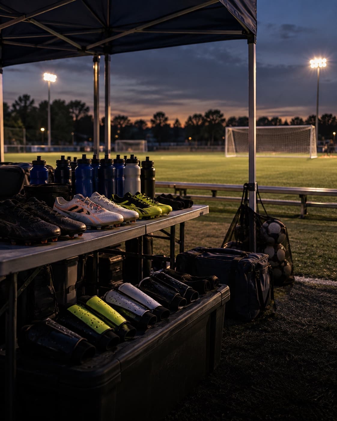 Soccer cleats, shin guards, and water bottles are displayed beside a tournament field.