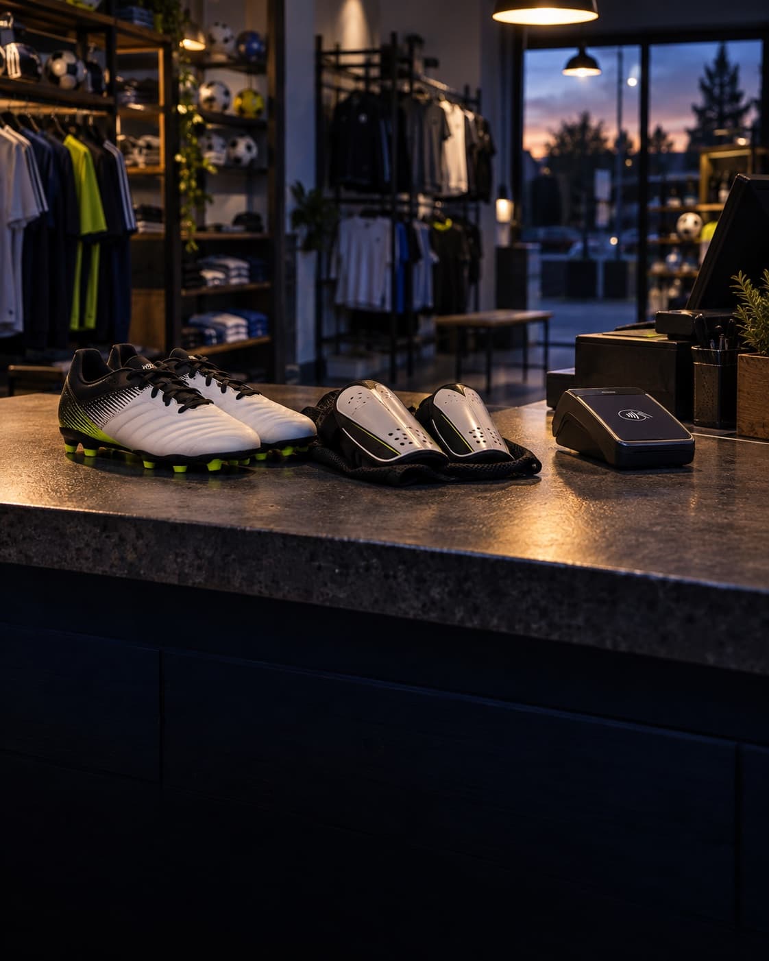 Youth soccer cleats and shin guards sit beside a contactless reader at checkout.