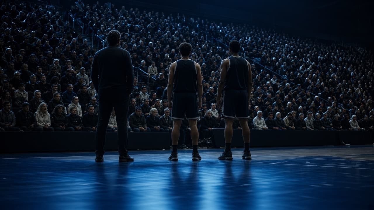 A coach and two athletes on the court at night, looking into a full crowd under blue lights.